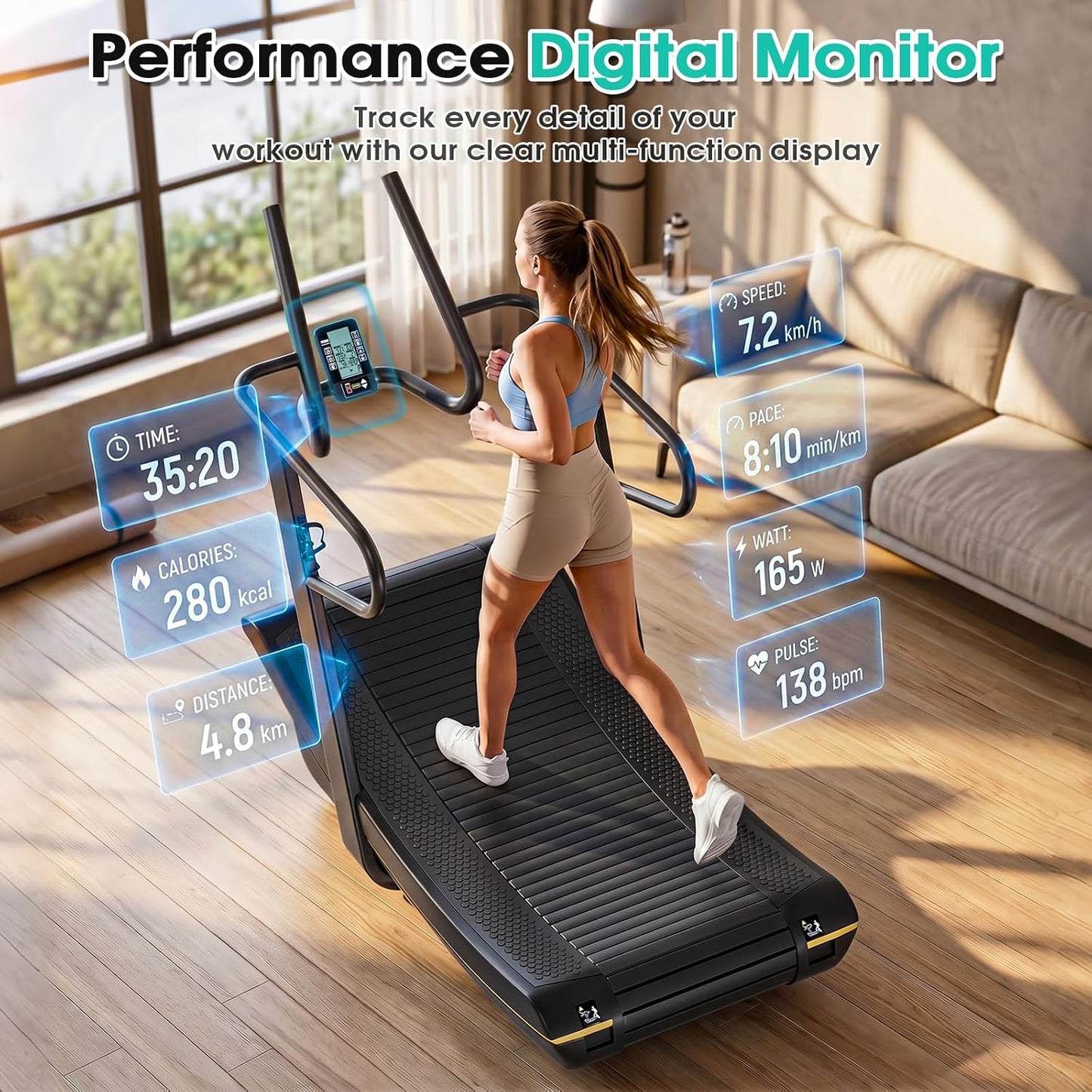 Curved Manual Treadmill, 8 Resistance Levels Non-Electric Curved Treadmill with LCD Display, Commercial-Grade Motorless Treadmills for for Home & Gym, Cardio & Anaerobic Training, Load 450Lbs
