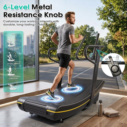 Curved Manual Treadmill, 8 Resistance Levels Non-Electric Curved Treadmill with LCD Display, Commercial-Grade Motorless Treadmills for for Home & Gym, Cardio & Anaerobic Training, Load 450Lbs