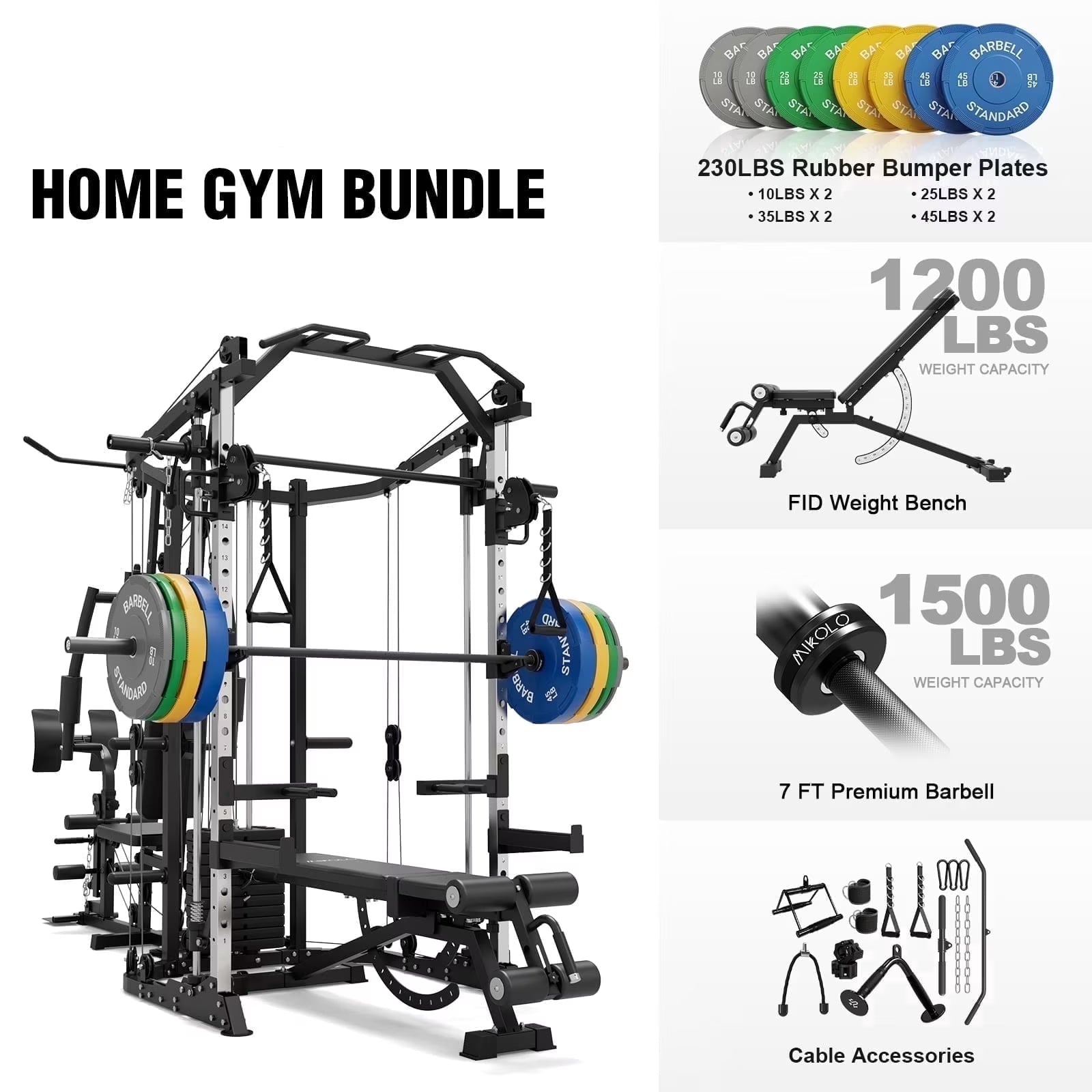 Smith Machine Power Cage, Multi-Function Home Gym System with Cable Crossover, 121LB Weight Stack