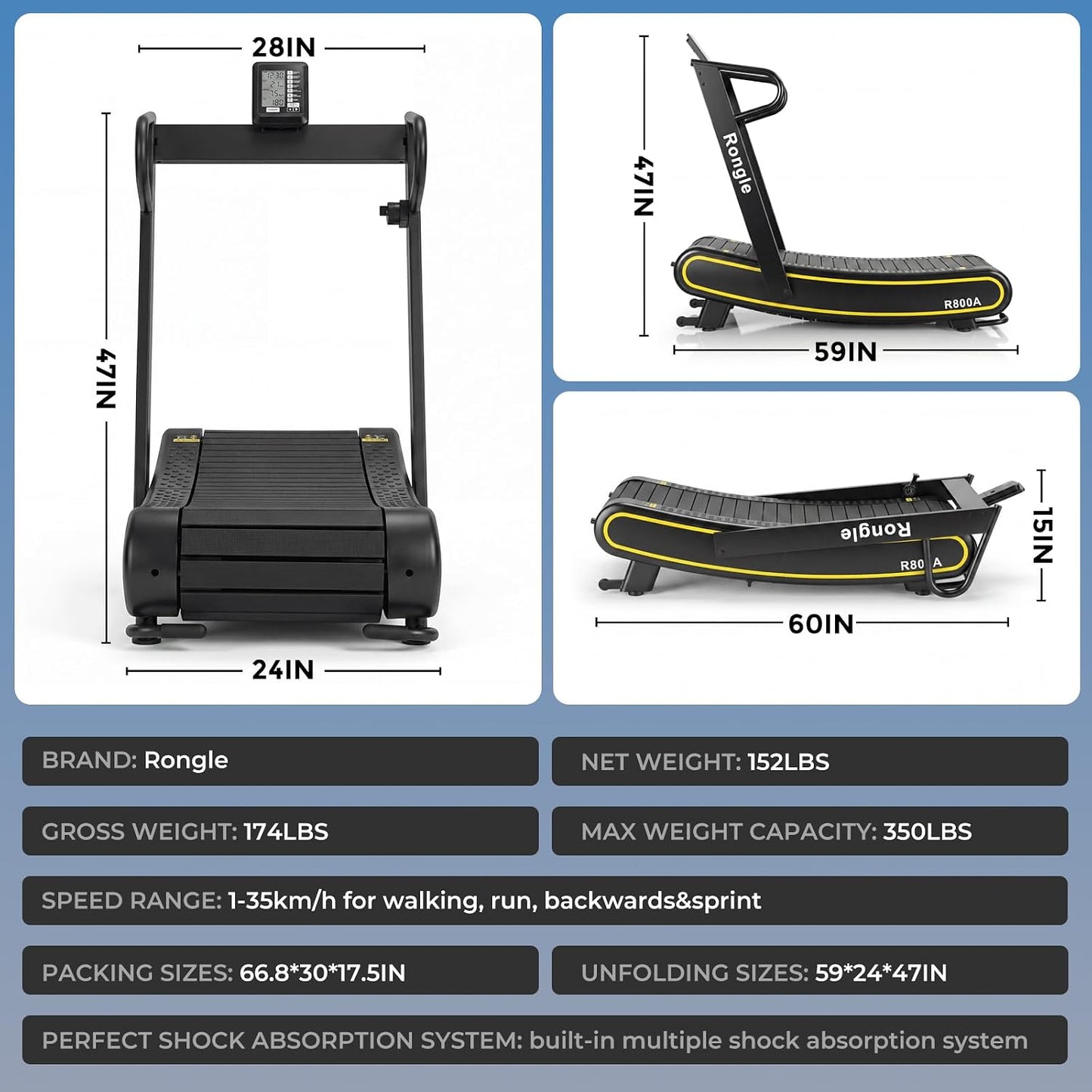 Manual Treadmill, Adjustable Resistance, Foldable, LED Display, Supports up to 350 Lbs
