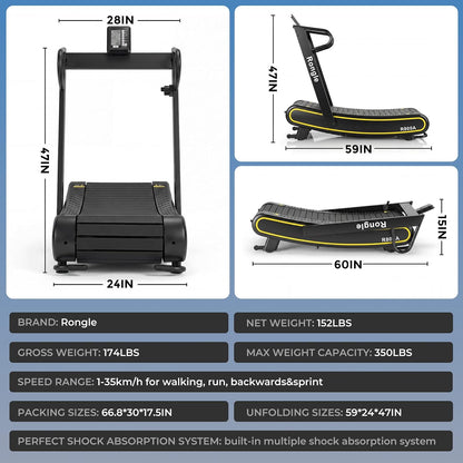 Manual Treadmill, Adjustable Resistance, Foldable, LED Display, Supports up to 350 Lbs