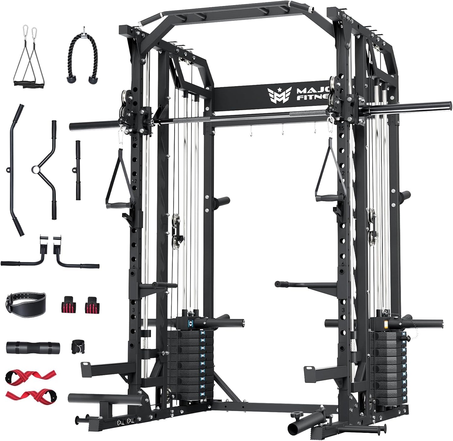Drone2 Advanced Training Smith Machines– All-In-One Home Gym Squat Rack with Aluminum Pulley Set , Weight Bar, Dual LAT Pull-Down Systems & Cable Crossover Machine for Full-Body Workouts