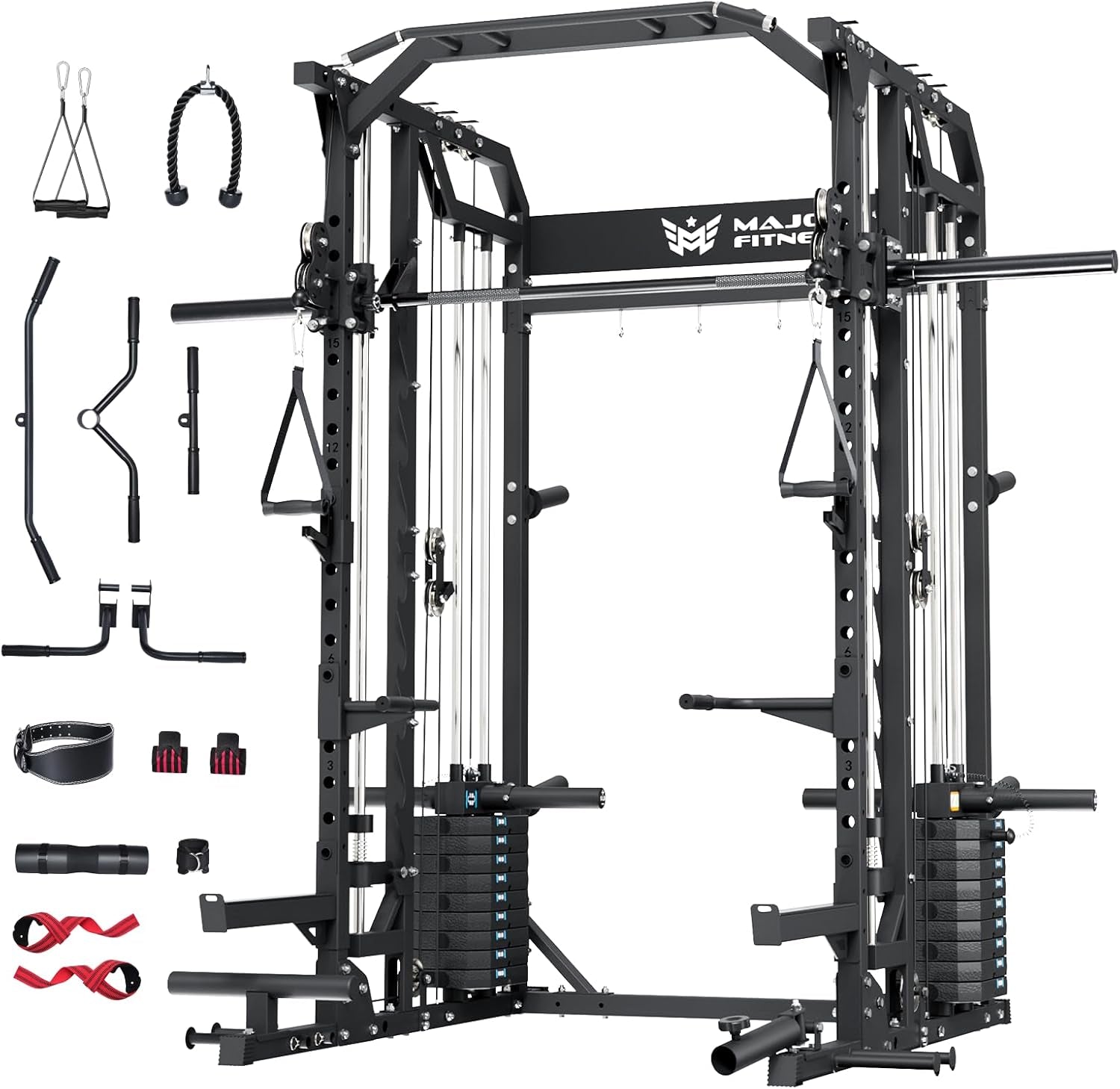 Drone2 Advanced Training Smith Machines– All-In-One Home Gym Squat Rack with Aluminum Pulley Set , Weight Bar, Dual LAT Pull-Down Systems & Cable Crossover Machine for Full-Body Workouts