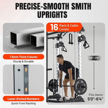 Smith Machine Power Cage, Multi-Function Home Gym System with Cable Crossover, 121LB Weight Stack (450LBS Dumbbells)