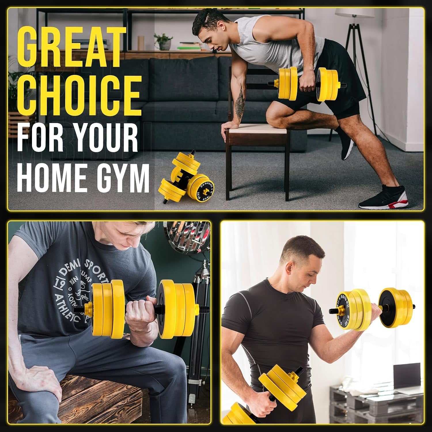 2-IN-1 Adjustable Dumbbell Set for Home Gym, 44 LBS Weight Set for Dumbbell and Barbell, Yellow