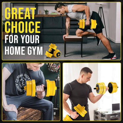 2-IN-1 Adjustable Dumbbell Set for Home Gym, 44 LBS Weight Set for Dumbbell and Barbell, Yellow
