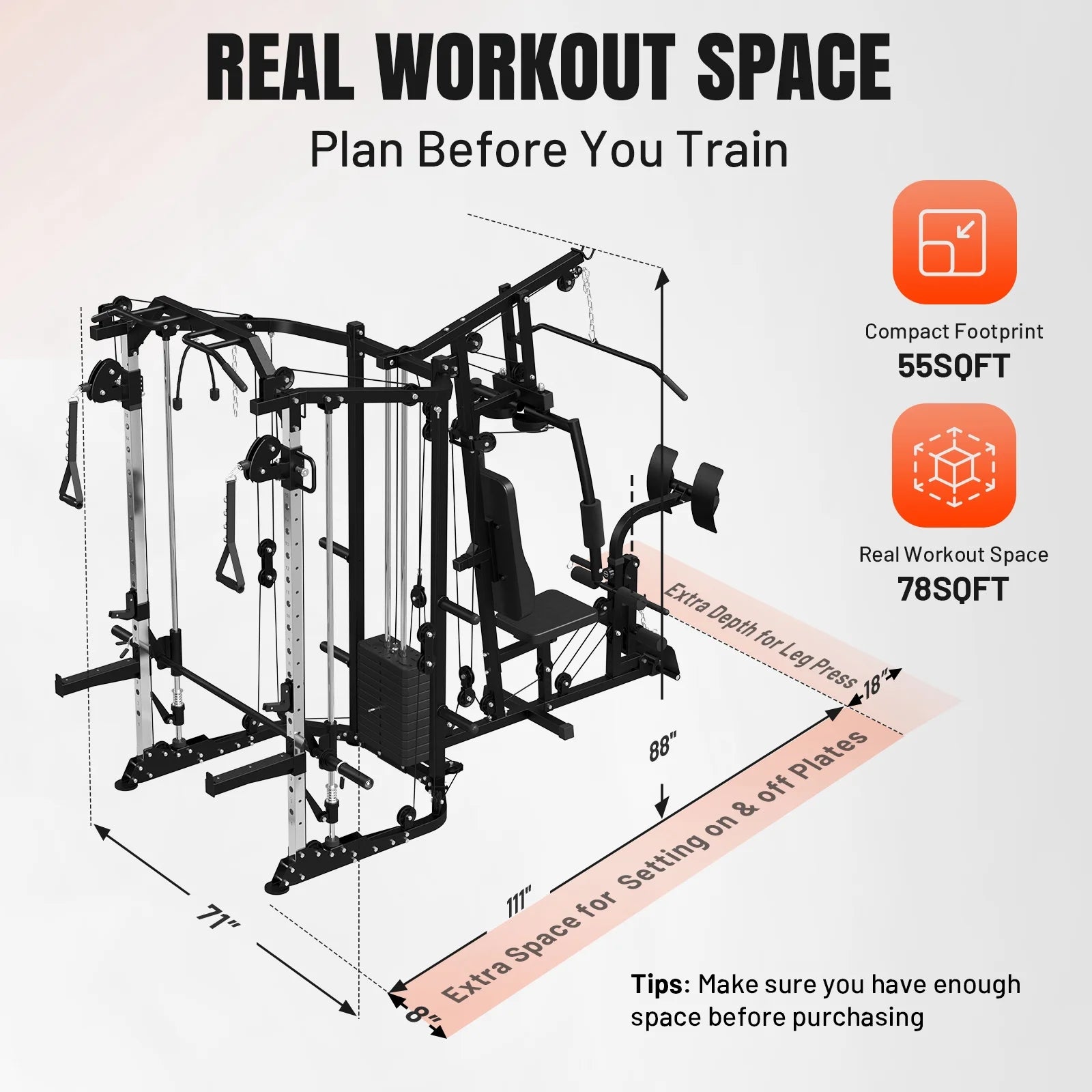 Smith Machine Power Cage, Multi-Function Home Gym System with Cable Crossover, 121LB Weight Stack (450LBS Dumbbells)
