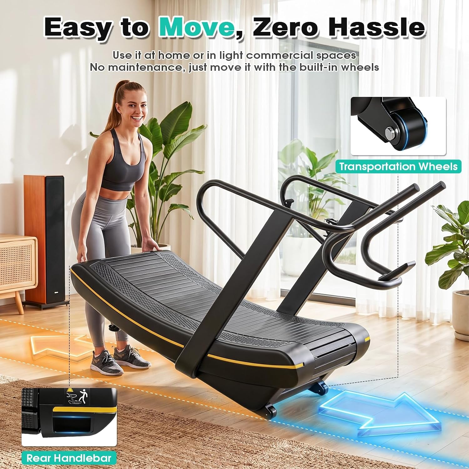 Curved Manual Treadmill, 8 Resistance Levels Non-Electric Curved Treadmill with LCD Display, Commercial-Grade Motorless Treadmills for for Home & Gym, Cardio & Anaerobic Training, Load 450Lbs