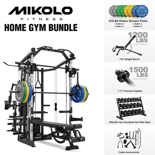 Smith Machine Power Cage, Multi-Function Home Gym System with Cable Crossover, 121LB Weight Stack