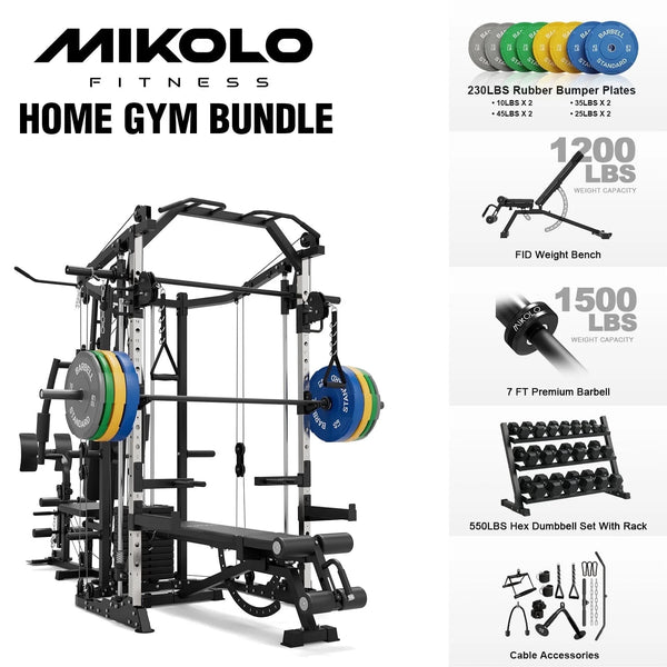 Smith Machine Power Cage, Multi-Function Home Gym System with Cable Crossover, 121LB Weight Stack