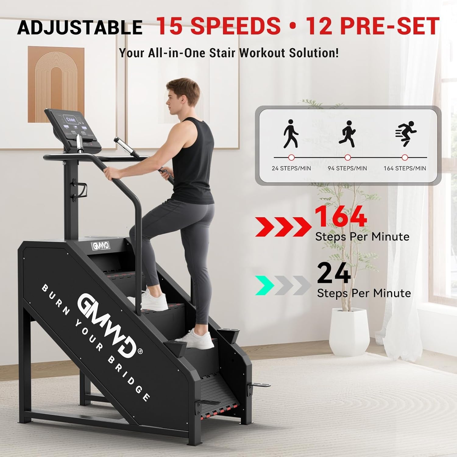 Stair Stepper Machine, Commercial Grade Stair Climber with Bluetooth, Stair Machine for Cardio, 15 Resistance Levels, 24-164 Steps/Min, Exercise Machine with LED Display for Home