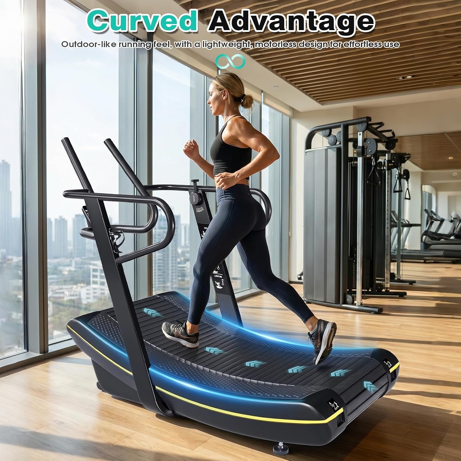 Curved Manual Treadmill, 8 Resistance Levels Non-Electric Curved Treadmill with LCD Display, Commercial-Grade Motorless Treadmills for for Home & Gym, Cardio & Anaerobic Training, Load 450Lbs