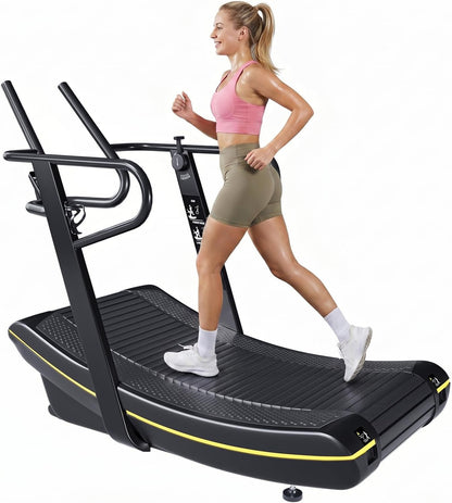 Curved Manual Treadmill, 8 Resistance Levels Non-Electric Curved Treadmill with LCD Display, Commercial-Grade Motorless Treadmills for for Home & Gym, Cardio & Anaerobic Training, Load 450Lbs