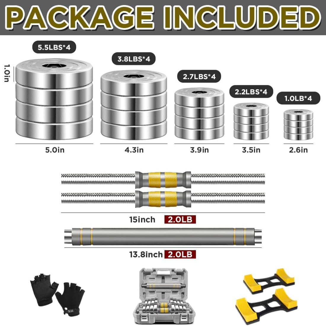 Adjustable Dumbbell Set - 44/66/88 LBS Weights Set, Dumbbell Barbell 3 in 1, Steel Dumbbells Pair with Connecting Rod for Adults Women Men Fitness Workout, Home Gym Exercise Training Equipment