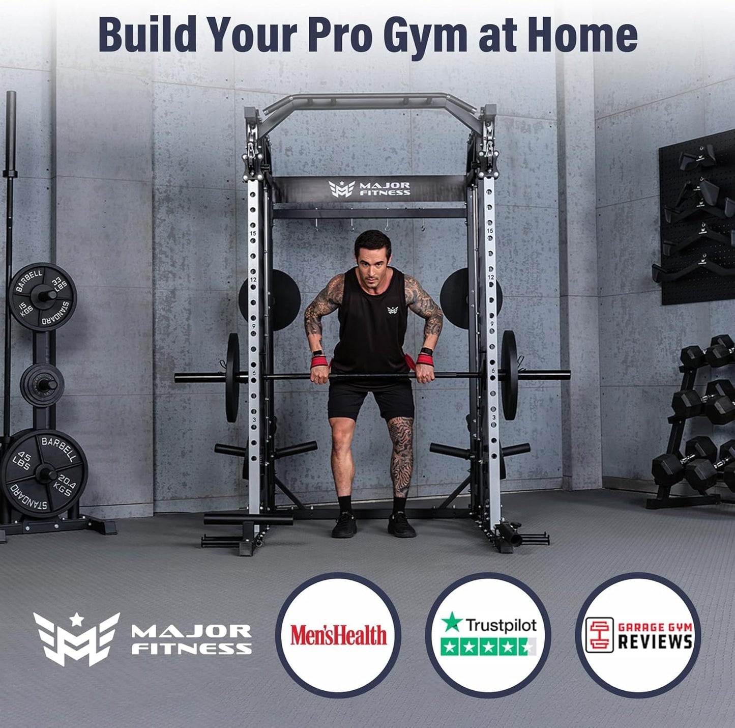 Drone2 Advanced Training Smith Machines– All-In-One Home Gym Squat Rack with Aluminum Pulley Set , Weight Bar, Dual LAT Pull-Down Systems & Cable Crossover Machine for Full-Body Workouts