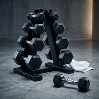 Barbell 100 Lb Cast Iron Hex Dumbbell Weight Set with Rack, Black — Studio Shot
