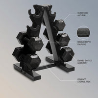 Barbell 100 Lb Cast Iron Hex Dumbbell Weight Set with Rack, Black — infographic
