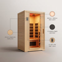 Full Spectrum Infrared Sauna with 660Nm & 850Nm Red Light Therapy | 1.4 Mg Ultra Low EMF, Fast Heat-Up, Canadian Hemlock, 7 Carbon Fiber Heaters, Easy Assembly, 1170W 110V — infographic