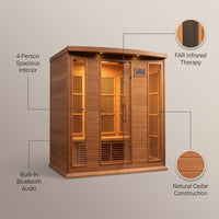Infrared Sauna Built for Daily Wellness, 4-Person Capacity, FAR Infrared Technology, Cedar Construction — infographic