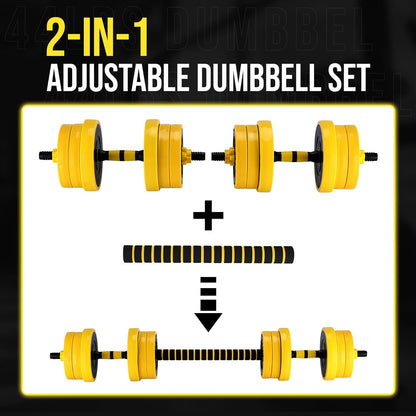 2-IN-1 Adjustable Dumbbell Set for Home Gym, 44 LBS Weight Set for Dumbbell and Barbell, Yellow