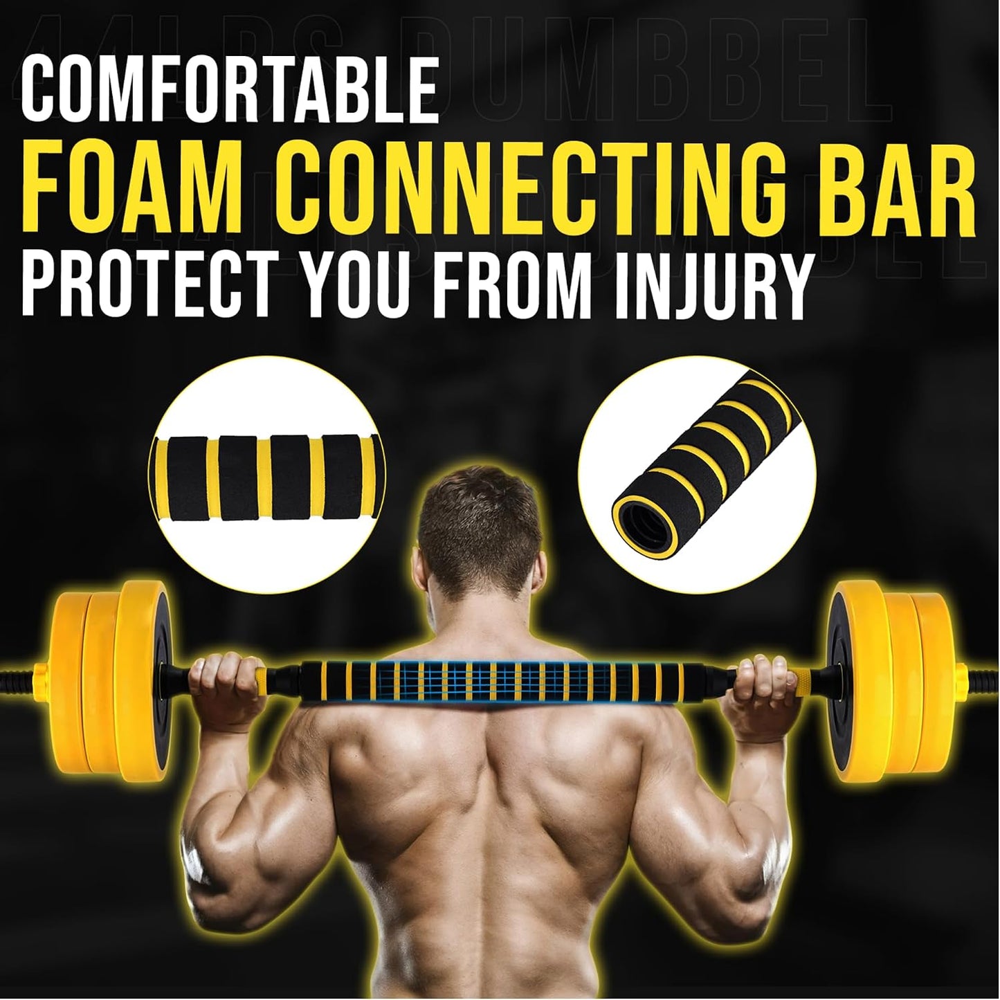2-IN-1 Adjustable Dumbbell Set for Home Gym, 44 LBS Weight Set for Dumbbell and Barbell, Yellow
