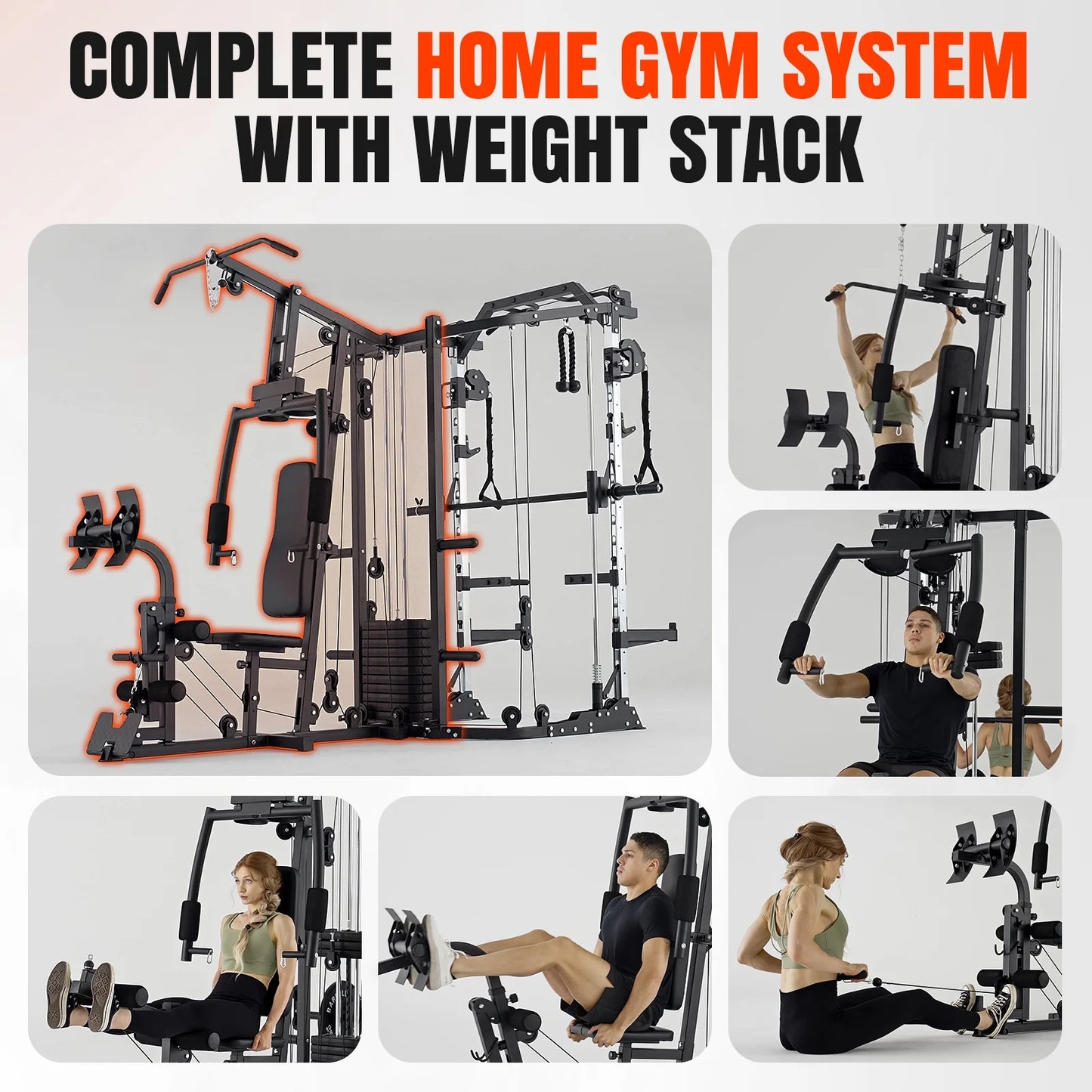 Smith Machine Power Cage, Multi-Function Home Gym System with Cable Crossover, 121LB Weight Stack