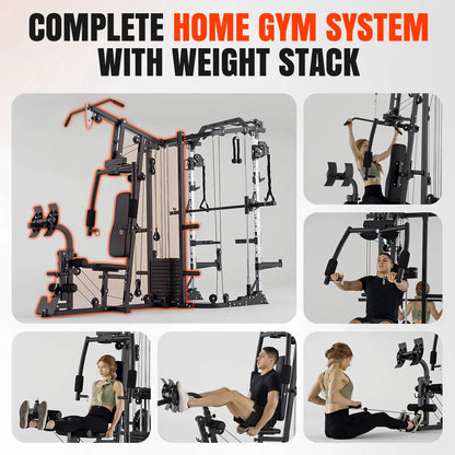 Smith Machine Power Cage, Multi-Function Home Gym System with Cable Crossover, 121LB Weight Stack (450LBS Dumbbells)