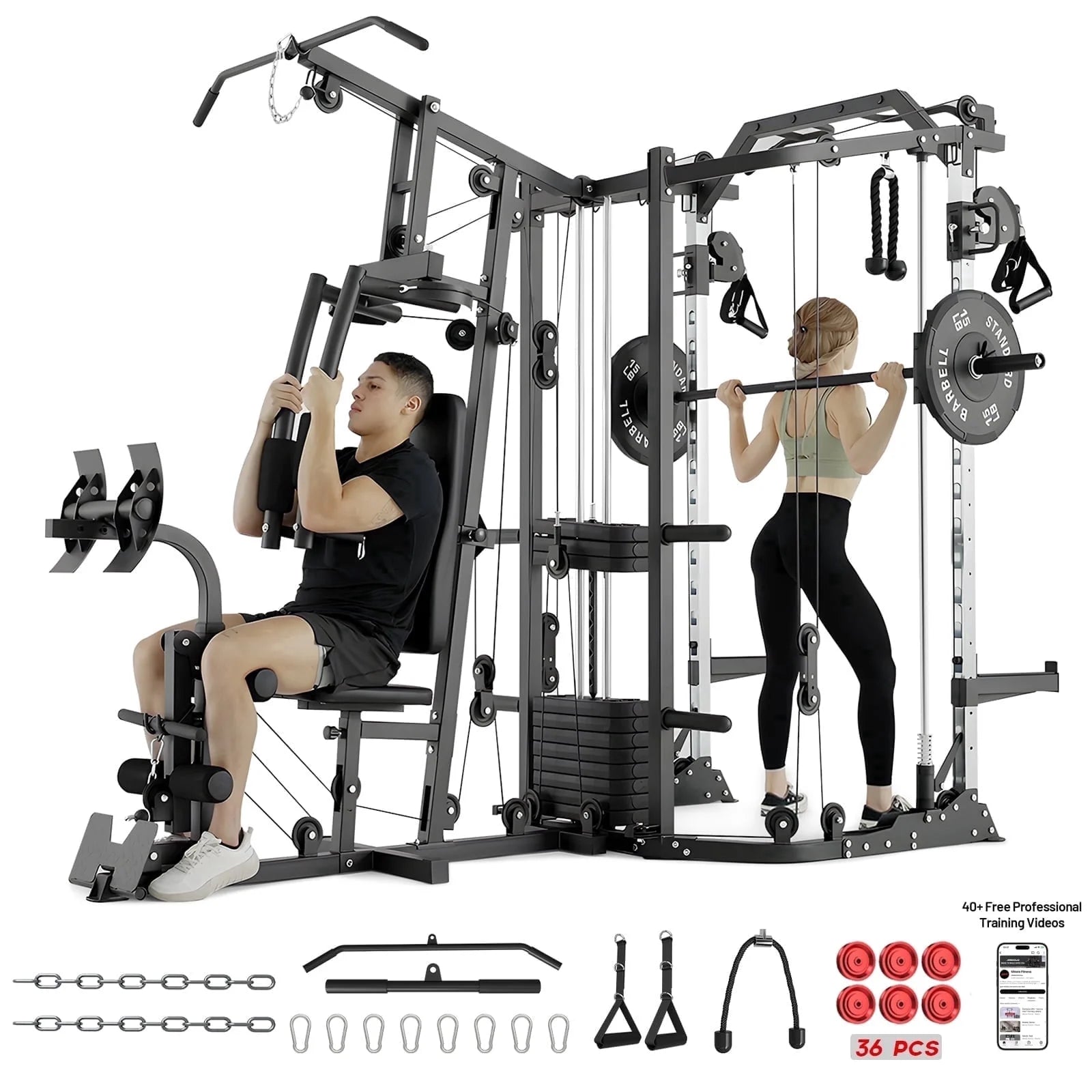 Smith Machine Power Cage, Multi-Function Home Gym System with Cable Crossover, 121LB Weight Stack