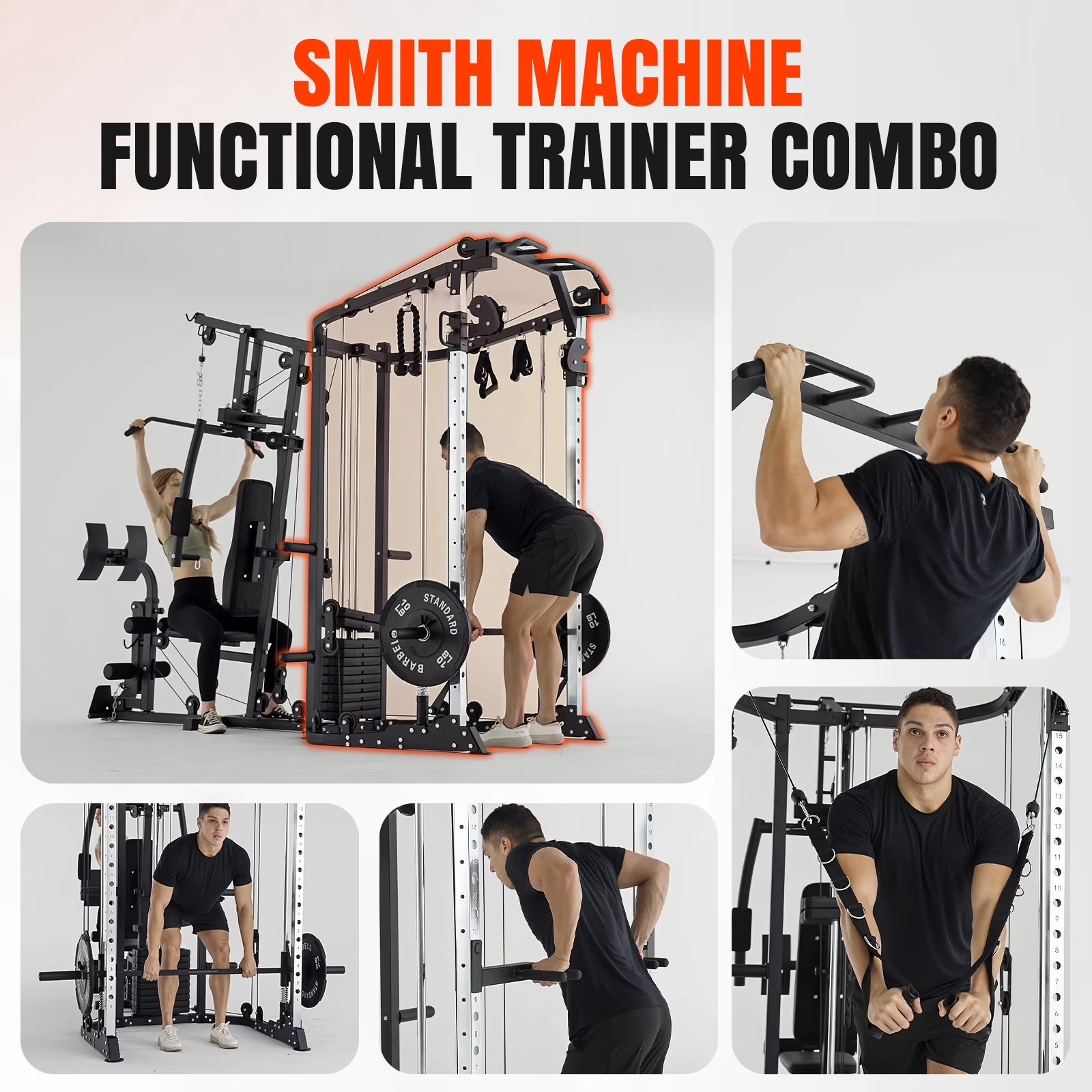 Smith Machine Power Cage, Multi-Function Home Gym System with Cable Crossover, 121LB Weight Stack