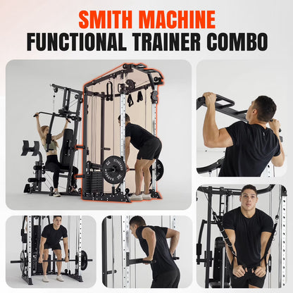 Smith Machine Power Cage, Multi-Function Home Gym System with Cable Crossover, 121LB Weight Stack (450LBS Dumbbells)